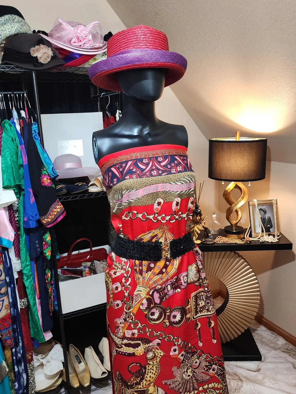 Vintage Red Straw Hat with Purple Rosette and Brim